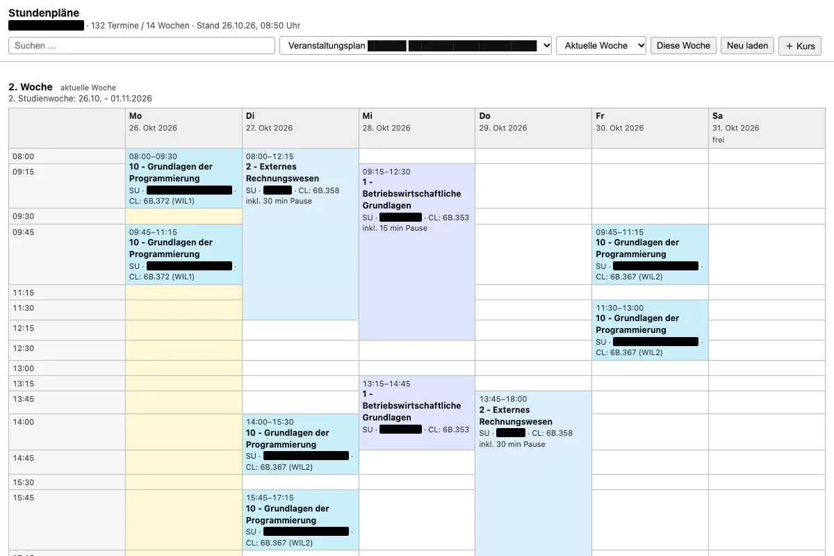 week grid of the hwr timetable with programming, accounting and business courses
